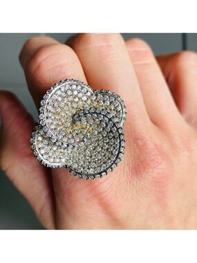 Large Pave Cubic Zirconia 3D Flower Sterling Silver Statement Ring Vinta…